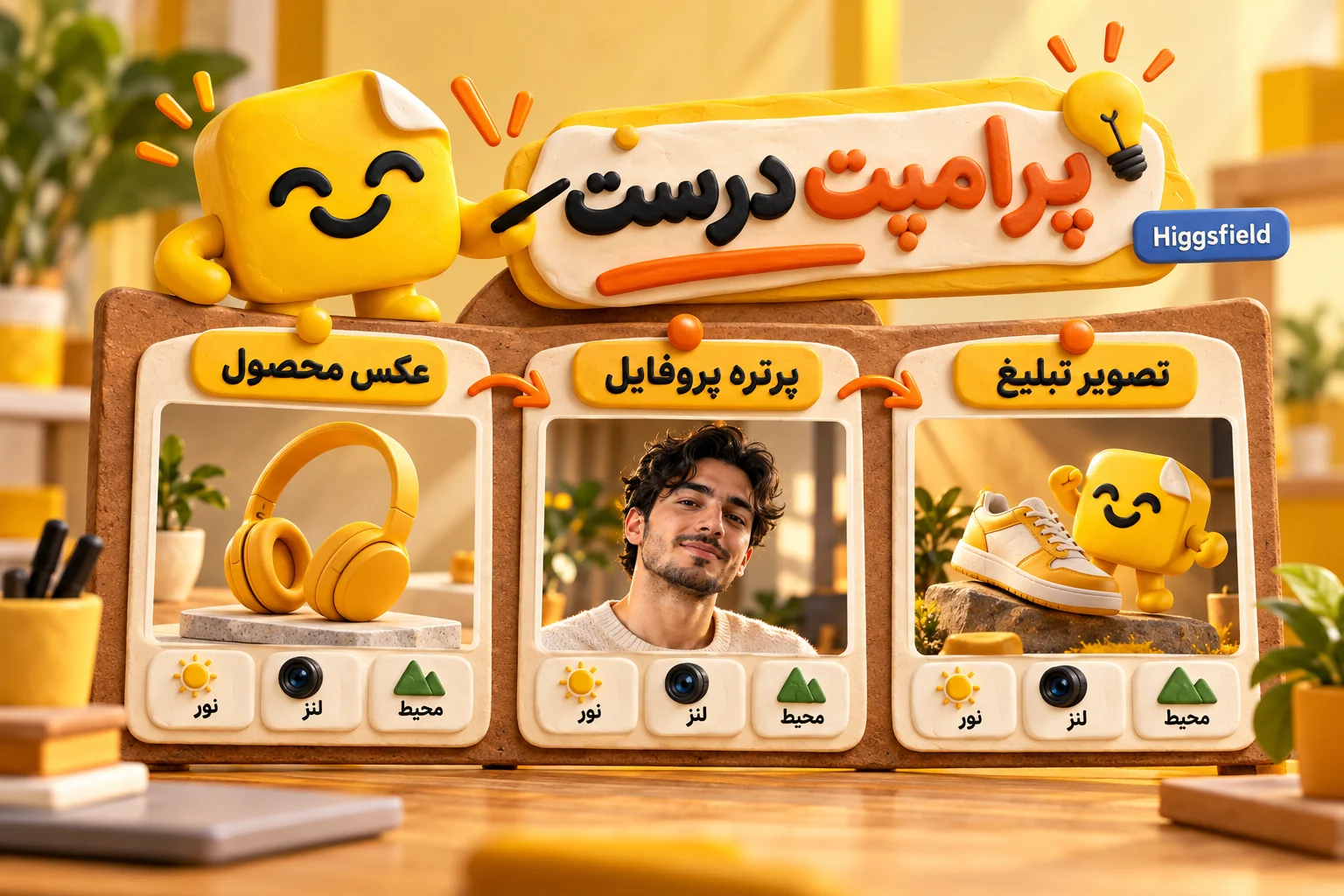 پرامپت درست برای عکس محصول، پرتره پروفایل و تصویر تبلیغ با سه بخش نور، لنز و محیط در Higgsfield