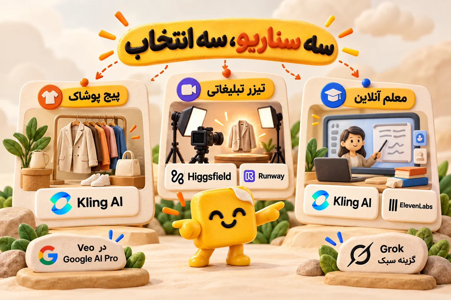 سه سناریوی ساخت ویدیو: پیج پوشاک با Kling، تیزر تبلیغاتی با Higgsfield و Runway، معلم آنلاین با Kling و ElevenLabs