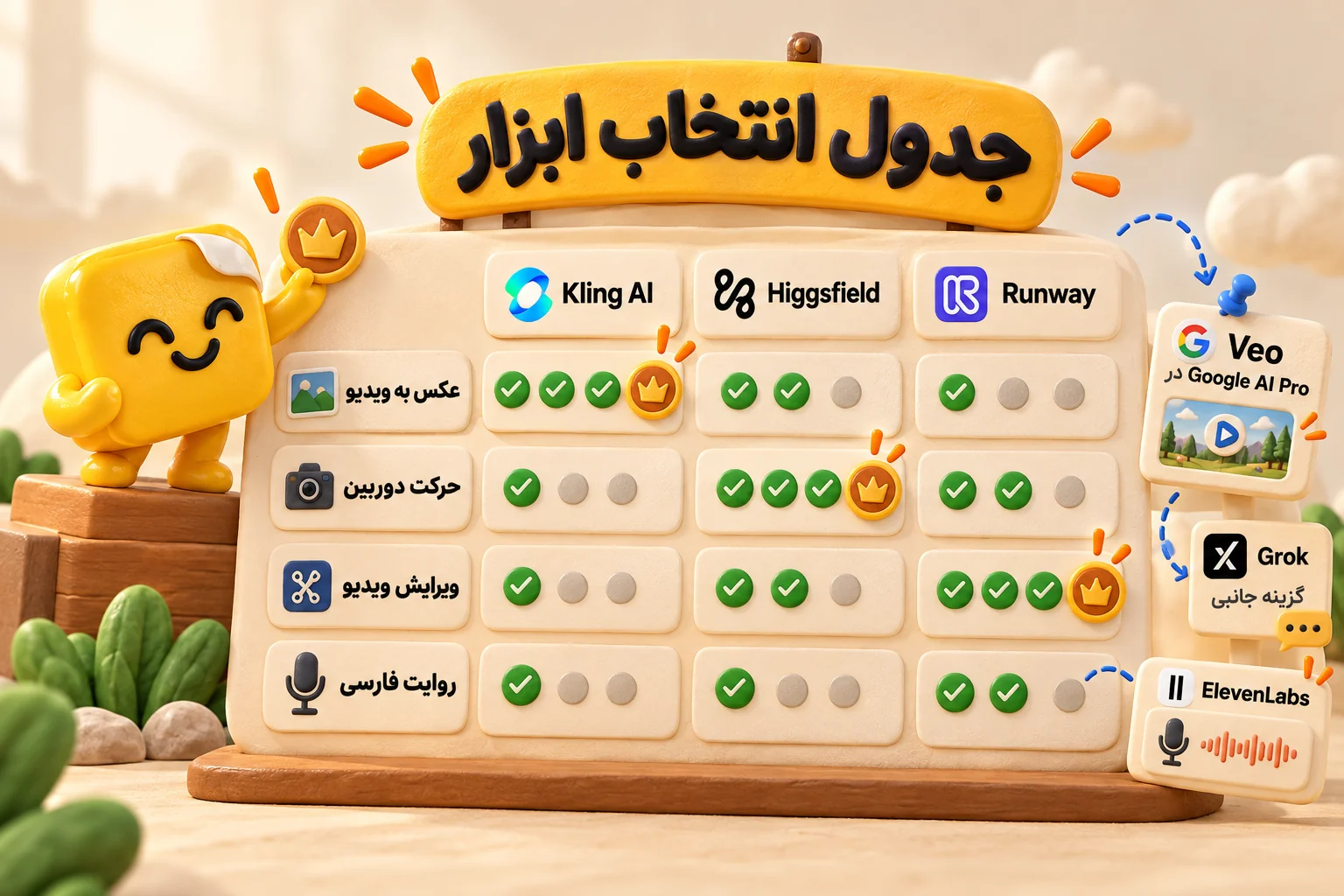 جدول انتخاب ابزار ساخت ویدیو با هوش مصنوعی؛ مقایسه Kling، Higgsfield و Runway در عکس به ویدیو، حرکت دوربین و ویرایش