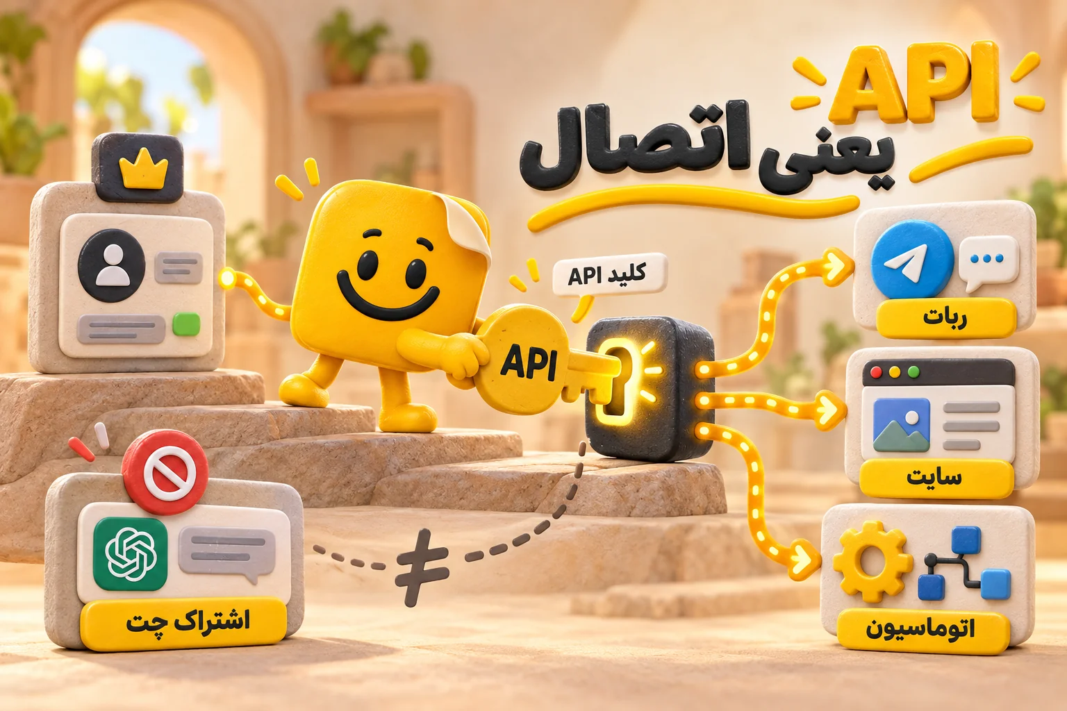 API یعنی اتصال؛ کلید API مدل را به ربات تلگرام، سایت و اتوماسیون وصل میکند و اشتراک چت این کار را نمیکند