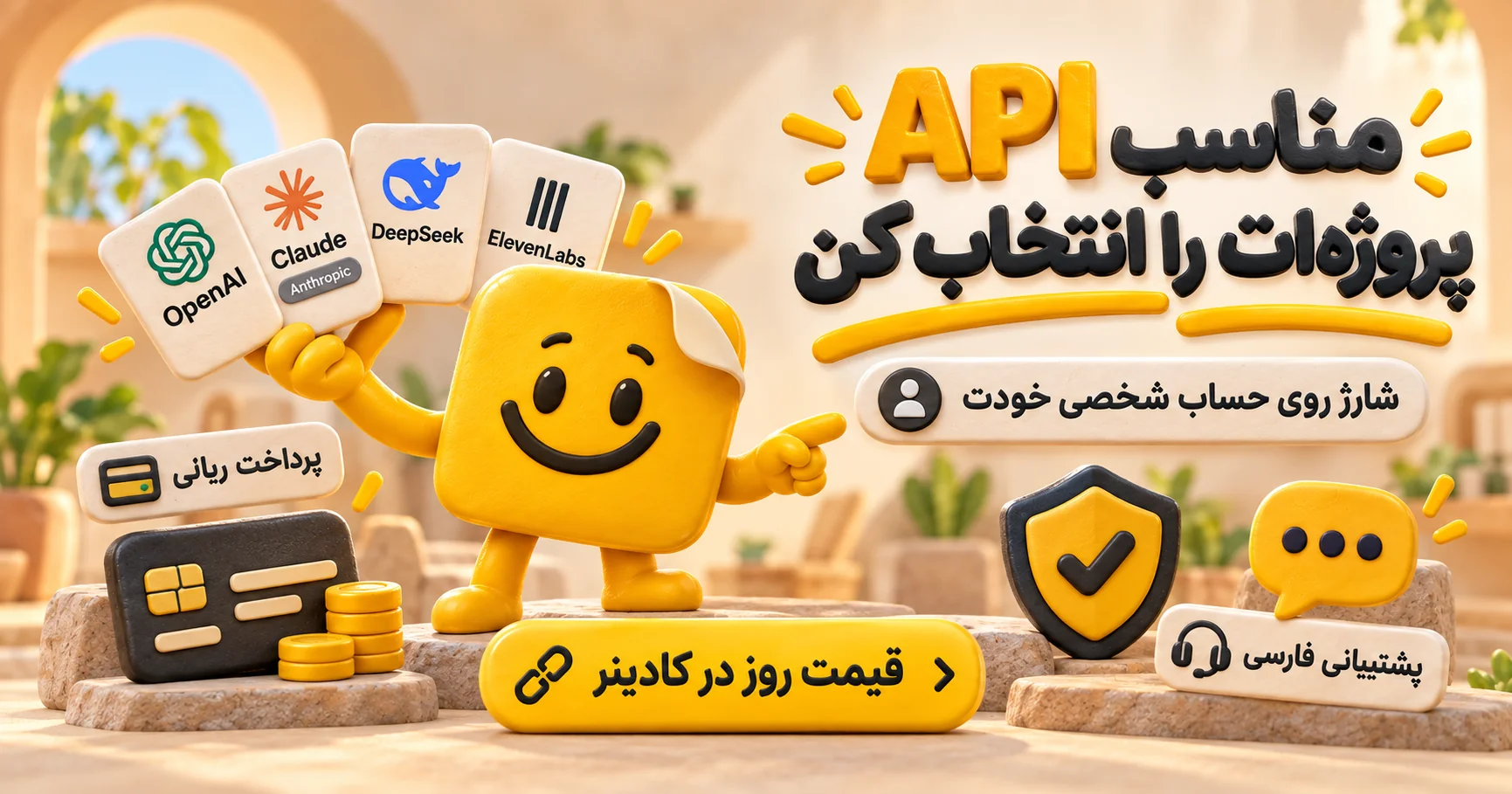 انتخاب API مناسب پروژه و شارژ ریالی روی حساب شخصی برای OpenAI، Claude، DeepSeek و ElevenLabs در کادینر