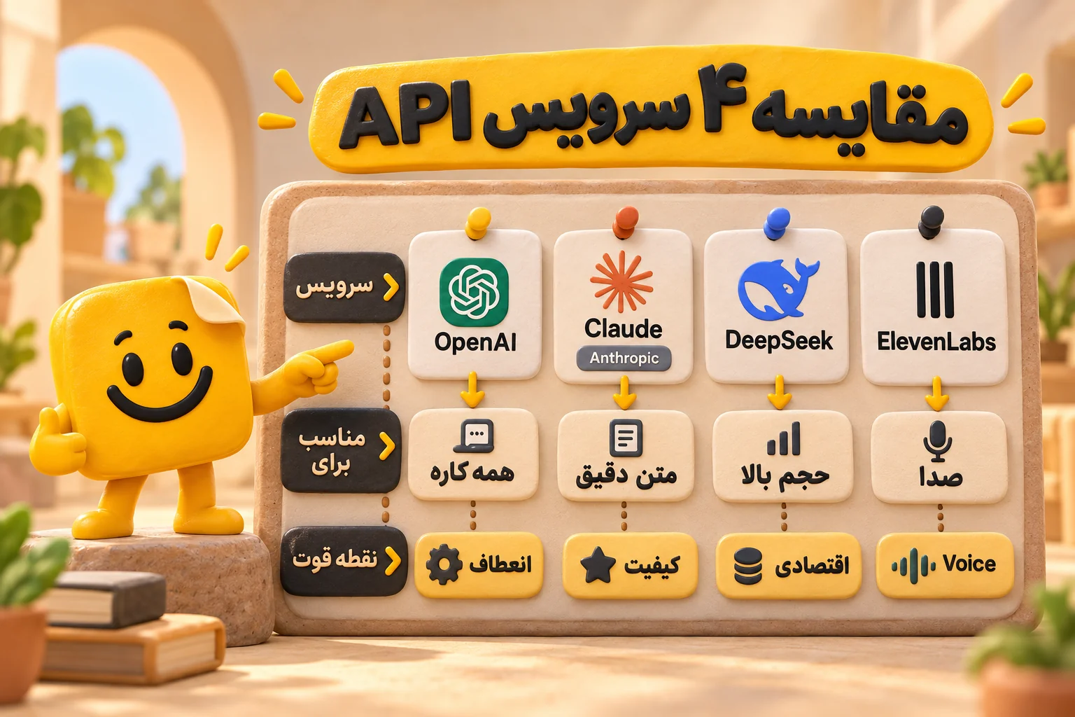 مقایسه ۴ سرویس برای خرید API هوش مصنوعی؛ OpenAI همهکاره، Claude متن دقیق، DeepSeek حجم بالا و ElevenLabs صدا