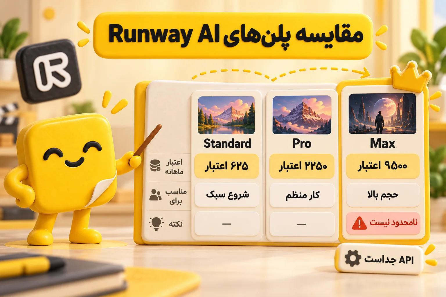 جدول خرید اکانت Runway: Standard برای شروع سبک، Pro برای کار منظم، Max برای حجم بالا و نامحدود نیست