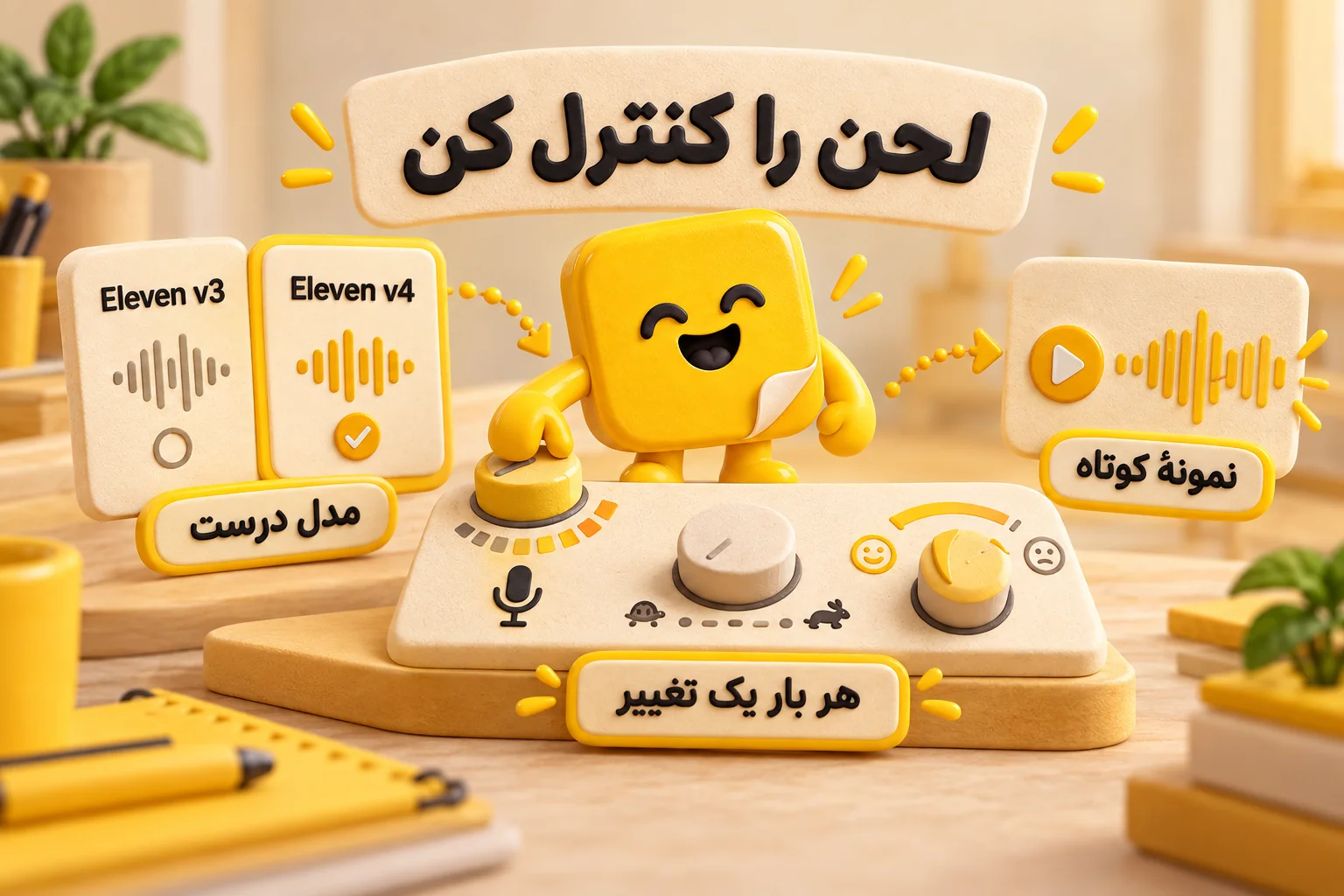 کنترل لحن و سرعت در ElevenLabs؛ انتخاب مدل Eleven v3 یا v4، تست نمونه کوتاه و تغییر یک تنظیم در هر بار
