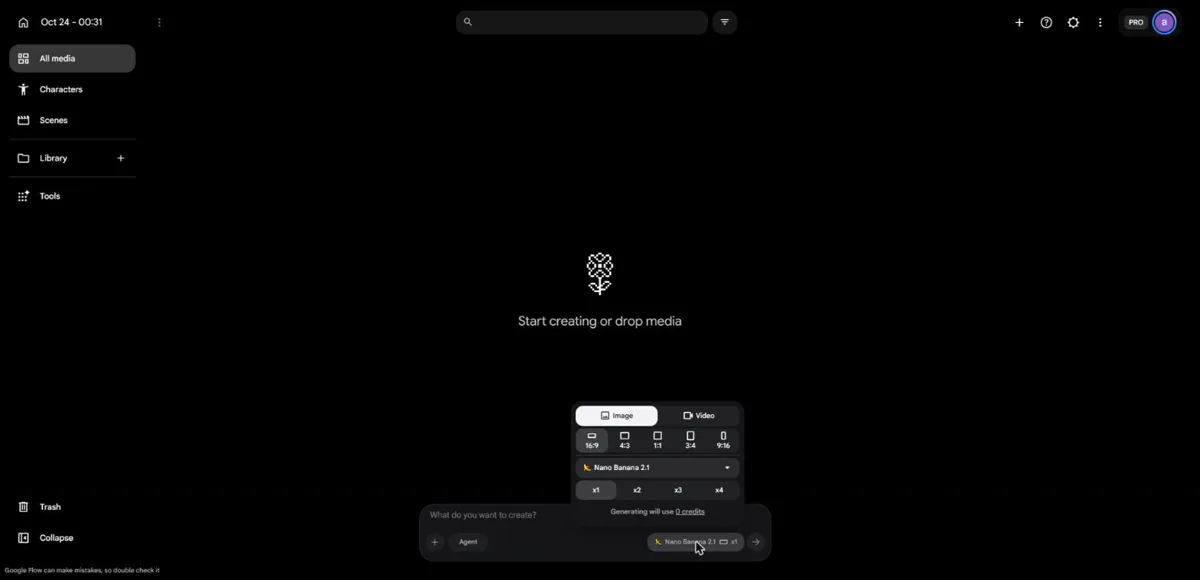 تنظیم ساخت تصویر در Google Flow با حالت Image، نسبت 16:9 و مدل Nano Banana 2.1