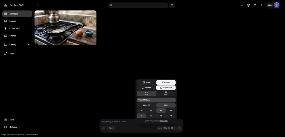 تنظیم ویدیو در Google Flow با حالت Frames، مدل Omni 1.1 Flash، 720p و ۸ ثانیه