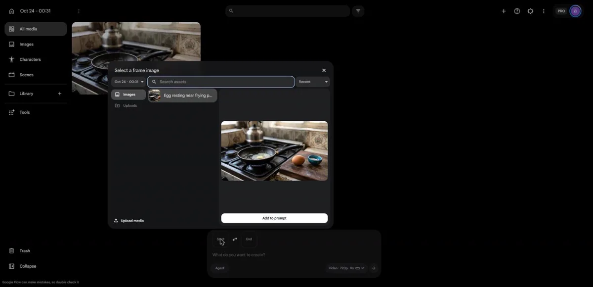 انتخاب تصویر ساختهشده بهعنوان قاب Start در پنجرهٔ Select a frame image در Google Flow