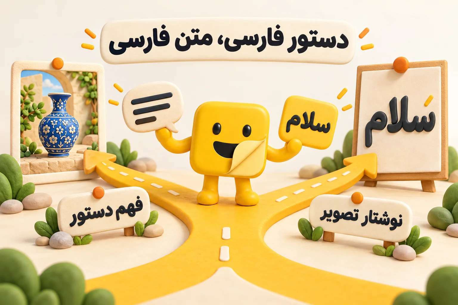 دو مسیر جدا برای فهم دستور فارسی و نوشتن حروف فارسی داخل تصویر